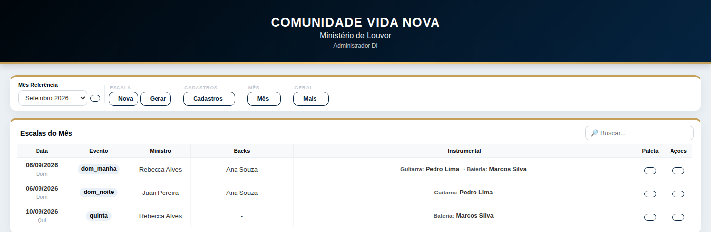 Tela do Escalei no computador, mostrando a escala do mês com ministro, backing vocal e instrumental de cada culto