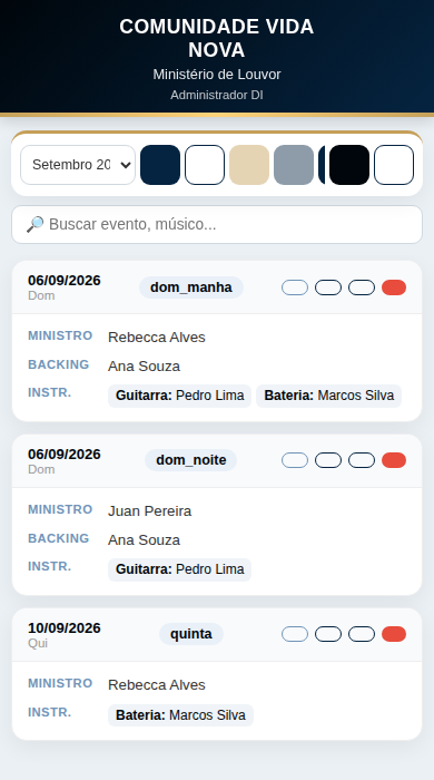 Tela do Escalei no celular, mostrando os cultos do mês em formato de cartão